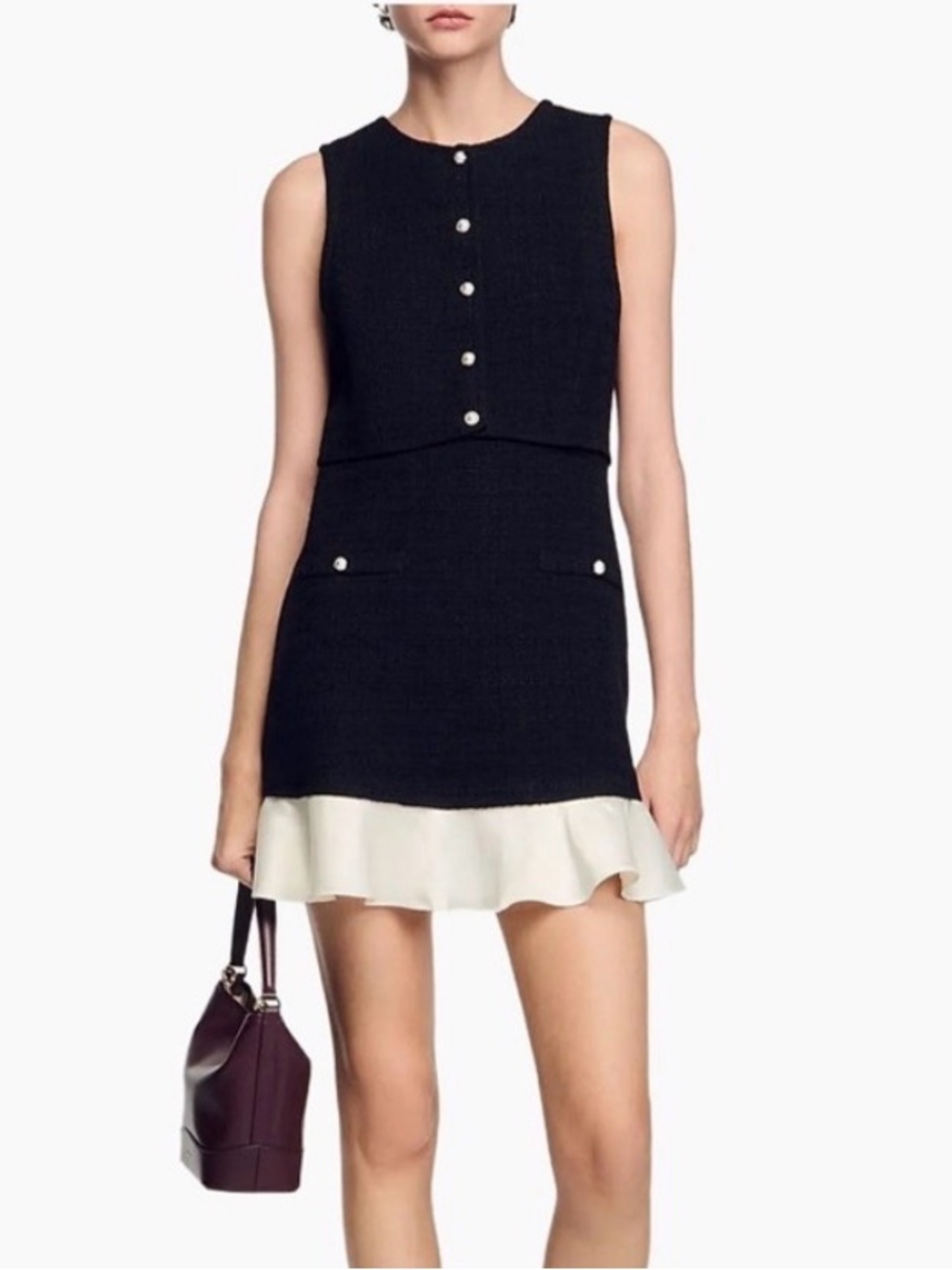 Sandro Tweed Mini Dress with Cream Satin Ruffle Hem and Pearl Buttons Size 8